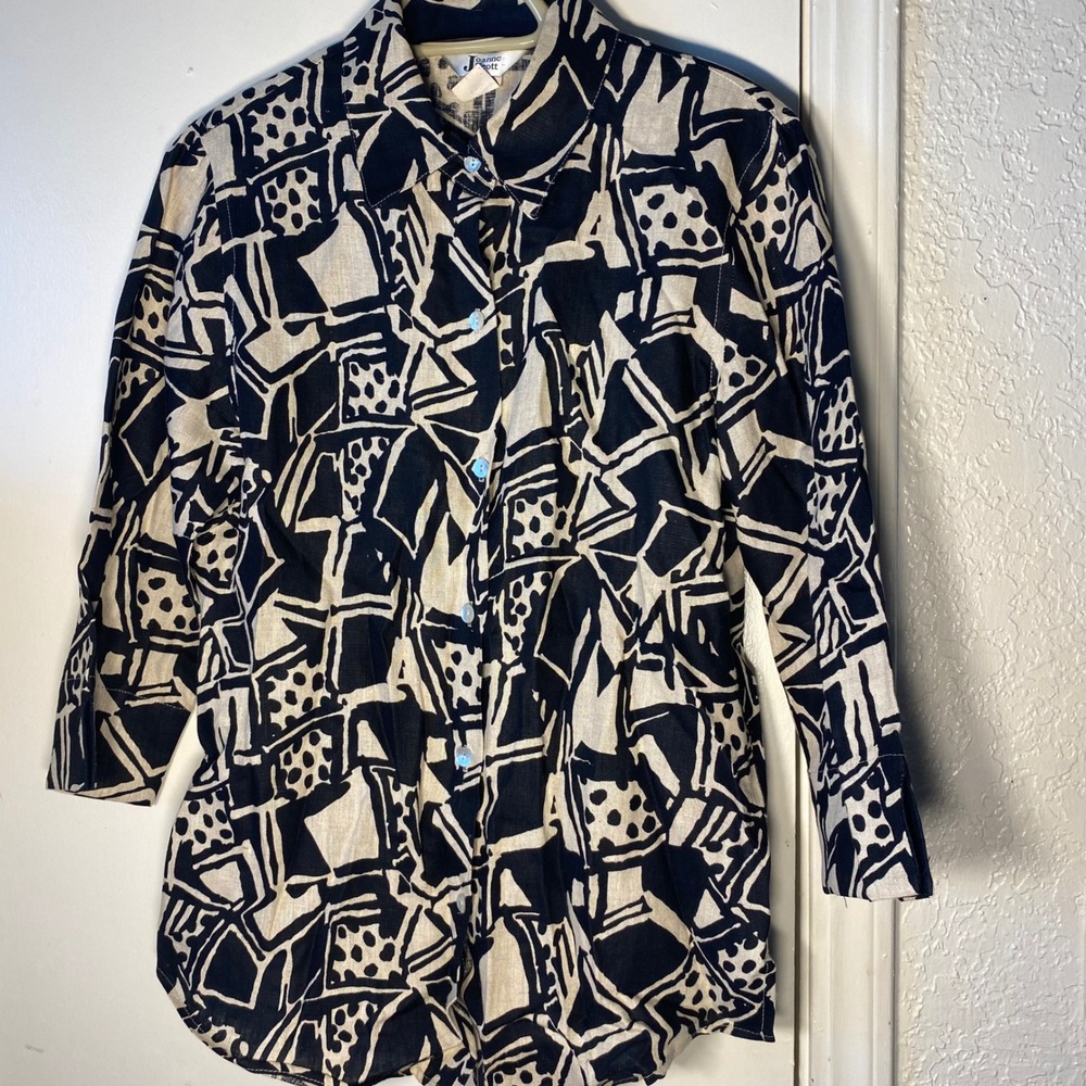 Joanne Scott Vintage‎ 100% Linen Abstract Geometric Button Down Shirt  Size 8